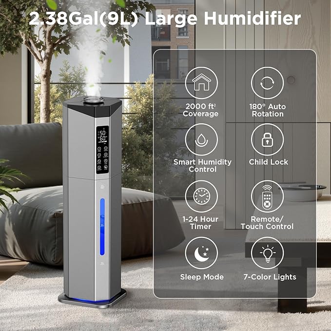 Humidifiers for Bedroom - GloryAir 2.38Gal/9L Dual Atomizers Top Fill Humidifier for Large Room 2000ft² with Auto Rotation 7-Color Light Humidistat Quiet Commercial Humidifiers for House Plants Baby - Image 2