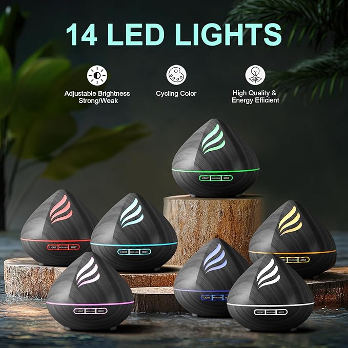 Essential Oil Scent Diffuser: 500ML Aroma Diffuser with Remote Control, Large Fragrance Aromatherapy Diffuser for Bedroom Home, Mist Humidifier with 14 Colors LED Lights and waterless Auto-Off, Black - Image 5