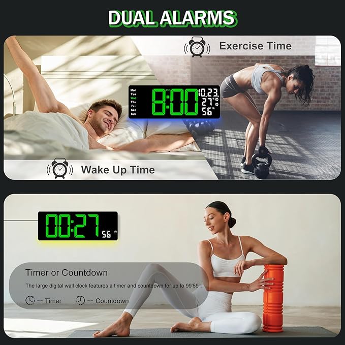 JoFomp 17.3" Large Digital Wall Clock, LED Digital Clock Large Display with Remote Control, Alarm Clock with Temp/DST/Dimmer/Humidity/Timer/Ambient Light - 12/24H, Alarm Wall Clock for Bedroom - Image 6