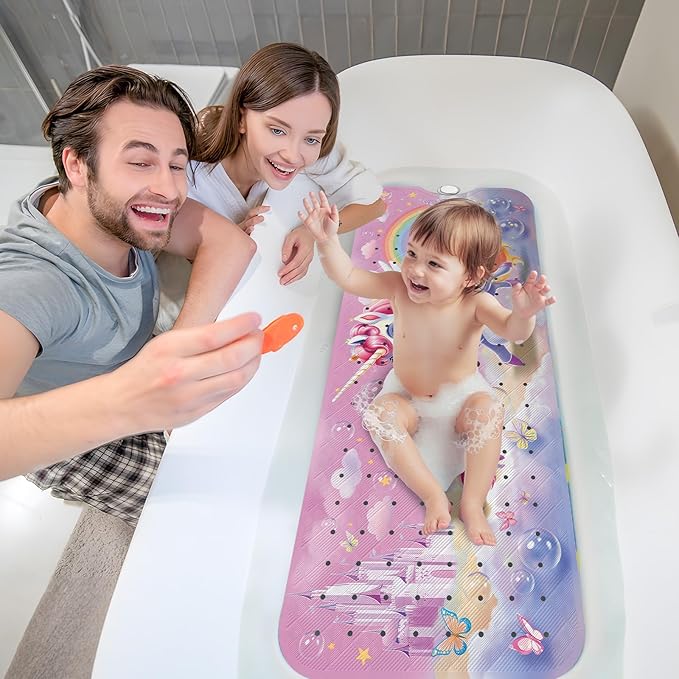 XIYUNTE Baby Bath Mat for Tub Non Slip Kids Bath Mat - 40''x16'' Extra Long Cartoon Bathtub Mat Non Slip Kids Shower Mat Eco-Friendly Toddler Bath Mats with Suction Cups, Machine Washable, Unicorn - Image 8