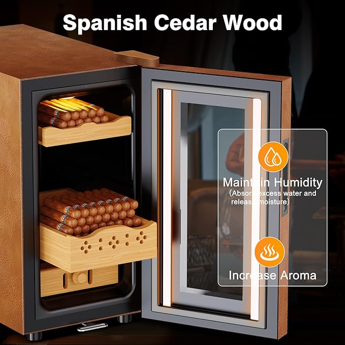 Electric Cooler Cabinet 25L with Temperature and Humidity Control, Leather Finish, Spanish Cedar Wood Shelves and Safety Lock (200 Counts Capacity), Gift for Men - Image 4