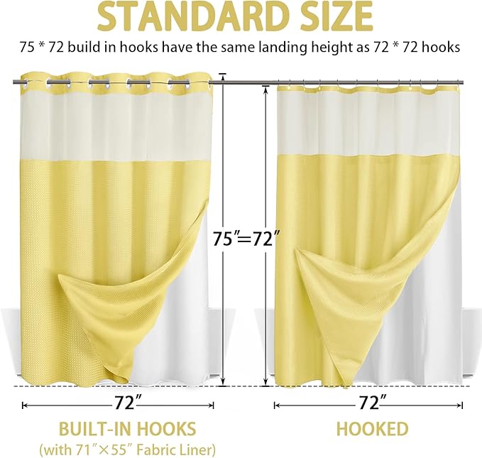 No Hook Shower Curtain and Liner Set,Yellow Hotel Waffle Shower Curtain with Liner 75" L x 72" W - Image 6