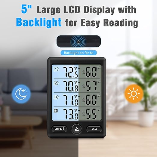 Geevon Indoor Outdoor Thermometer Wireless 3 Remote Sensors, 5-Inch Display Digital Hygrometer Thermometer Temperature Humidity Monitor with 8S Backlight, Battery-Powered (Black) - Image 2