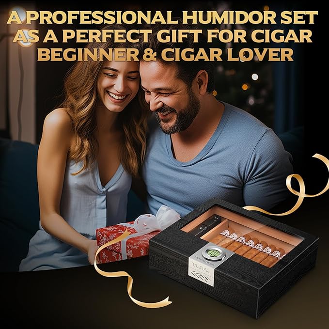 TISFA Cigar Humidor Box Cigar Accessories Set, Includes V Cutter, Straight Cutter, Hole Punch, Digital Hygrometer, Adjustable Humidifier, Divider, Cedar Wood Desktop Humidor Airtight Cigar Case - Image 8