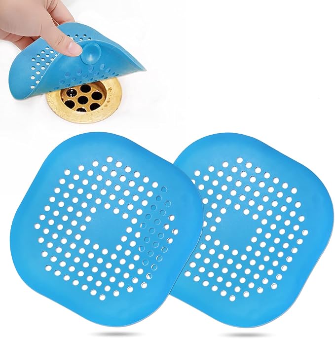 Hair Drain Catcher,Square Drain Cover for Shower Silicone Hair Stopper with Suction Cup,Easy to Install Suit for Bathroom,Bathtub,Kitchen 2 Pack (Blue) by Bovinde