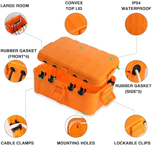 Flemoon Large Outdoor Electrical Box, IP54 Waterproof Outdoor Extension Cord Cover Weatherproof, Protect Outlet, Plug, Socket, Timer, Power Strip, Holiday Light Decoration, Orange - Image 3