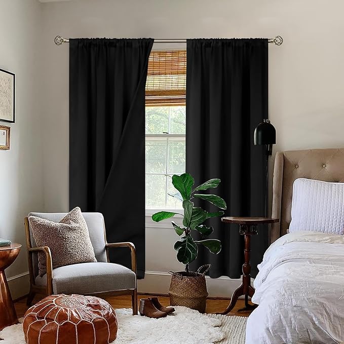 BGment Thermal Insulated 100% Blackout Curtains for Bedroom with Black Liner, Double Layer Full Room Darkening Noise Reducing Rod Pocket Curtain (52 x 72 Inch, Black, 2 Panels) - Image 2