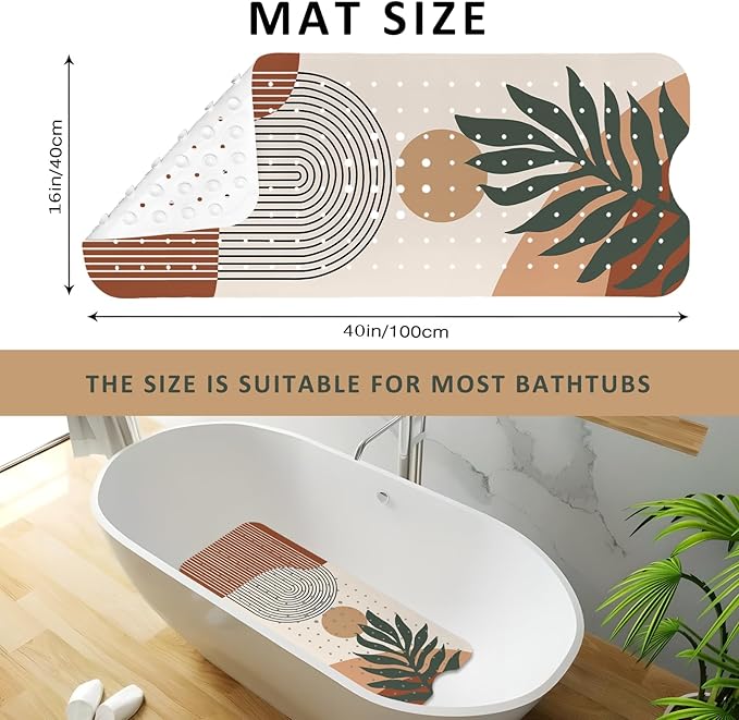 Rainbow Bathtub Mat Non Slip, Boho Baby Bath Mat for Tub Rubber Tub Mat, Kids Bath Mats for Bathroom Abstract Anti Slip Shower Mat with Suction and Drain Holes Machine Washable, 40″X16″ - Image 3