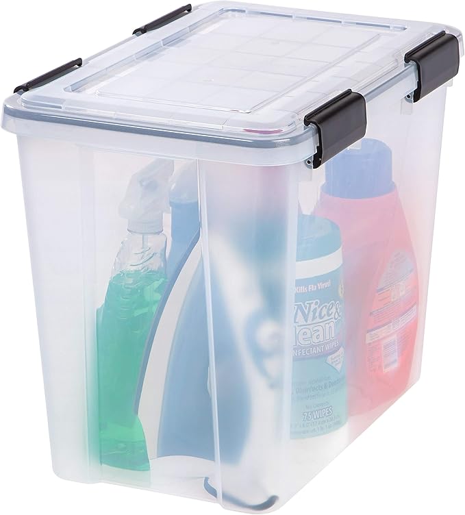 IRIS USA WeatherPro 32 Qt Storage Bins with Lids, 4 Pack, BPA-Free Plastic Gasket Box with Tight Latch and Seal, Stackable Nestable Tote Tub - Clear/Black - Image 4