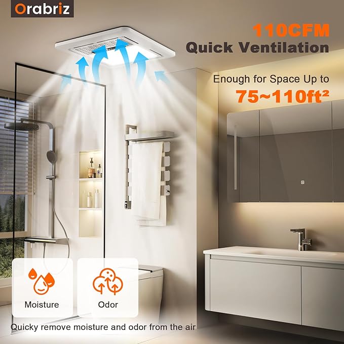 4-in-1 Bathroom Exhaust Fan with Dual-Mode Heater and LED Light, 110 CFM Quiet Ceiling Vent Fan, 1300W Heating Power, 1.0 Sone Ultra Silent Bath Fan with Light, Ventilation, and Remote Control - Image 4