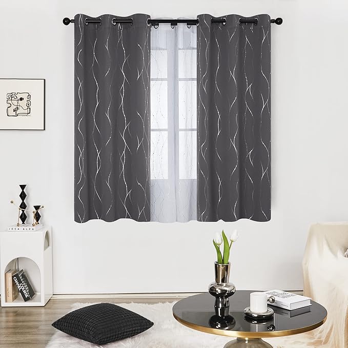 Deconovo Short Curtains Grey, Blackout Kitchen Curtain, Thermal Insulated Soundproof Drapes, Wave Dots Foil Print, 38 x 36 Inches, 2 Panels, Machine‑Washable Privacy Window Panel for Small Windows - Image 2