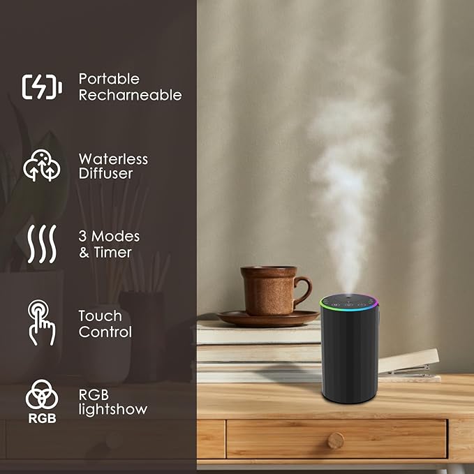 Waterless Essential Oil Diffuser, 7 Colors LED Light, Battery Powered Mini Scent Air Machine, Aromatherapy Mist Diffuser for Home Room Car Office，Black Aluminum Alloy - Image 4