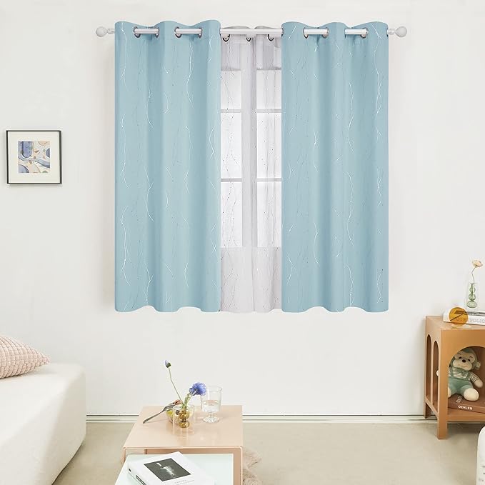 Deconovo Blackout Curtains, Thermal Insulated Soundproof Grommet Drapes, Wave Dot Foil Print, 42 x 54 Inch, Set of 2, Machine Washable Window Panel for Bedroom Living Room Nursery Kitchen, Light Blue - Image 2