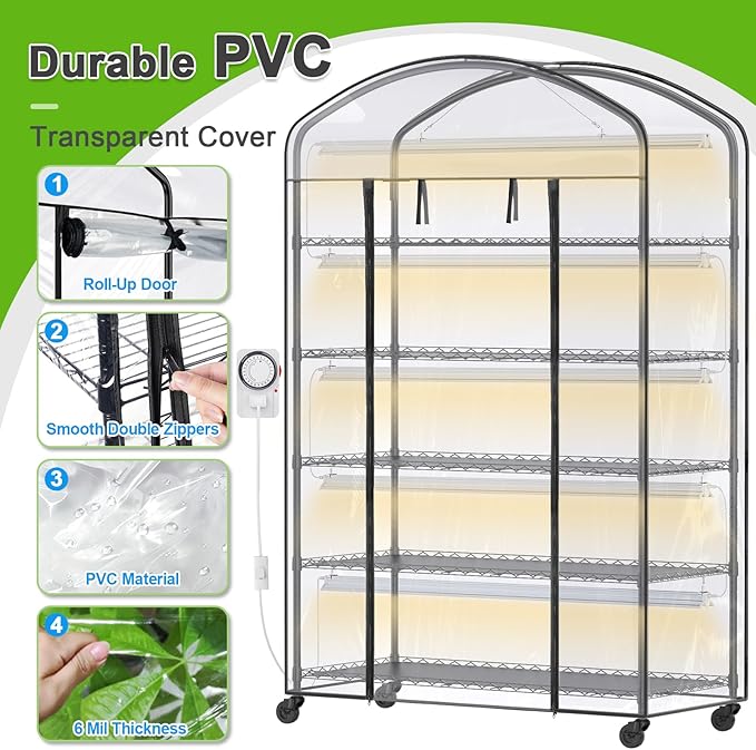 Abimars 5-Tier Greenhouse with Grow Light, Shelf Height Adjustable Metal Plant Shelf with PVC Cover and Wheels, Includes 5-Pack 2900K Full Spectrum Plant Lights, 21x60x80inch - Image 6
