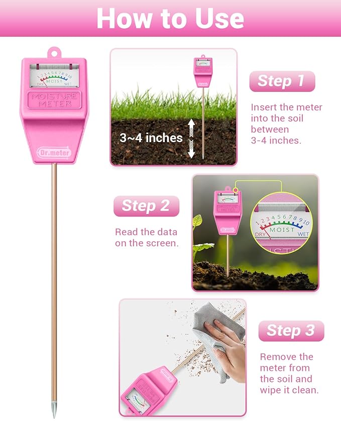 Soil Moisture Meter Tester for Plants, Hygrometer Moisture Sensor for Houseplants Indoor Outdoor Garden Lawn Use - Plant Water Meter Gauge Test Kit, No Battery Needed - Gardening Gifts, Pink - Image 3