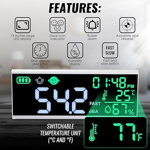 Decibel Meter 13 inches 30~130dB Sound Level Meter, Large LCD Display Wall Hanging Sound Gauge, Noise Level Detector, Decibel Monitoring Device, Time, Temperature, Humidity for Studio Classroom Home - Image 6