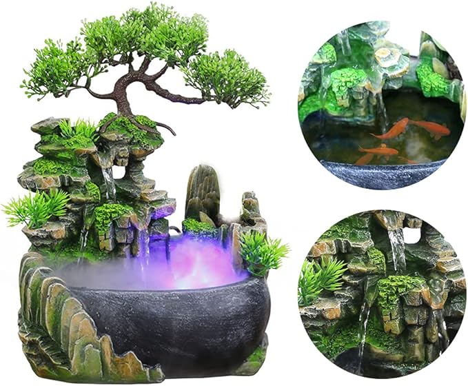 Tabletop Fountain, Atomizing Desktop Humidifier with Rockery & Bonsai, Zen Meditation Indoor Relaxation Waterfall Feature, Illuminated Waterfall Fountain Indoor for Home Office Bedroom Desk Decor - Image 5