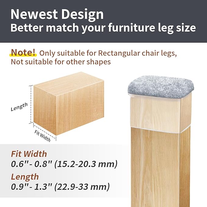 Ezprotekt 16 Pcs Rectangle Grey Felt Chair Leg Floor Protectors for Hardwood Floors, Rectangle Silicone Chair Leg Caps, Furniture Leg Covers Cups for Chair Table (Fit W :0.6-0.8", L: 0.9-1.3") - Image 2