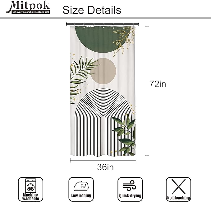 Small Stall RV Shower Curtain 36Wx72H Half Single Green Modern Boho Mid Century Abstract Gold Leave Grey Plant Bathroom Decor Minimalist Arch Aesthetic Bath Curtain Polyester 7 Pack Hooks - Image 3