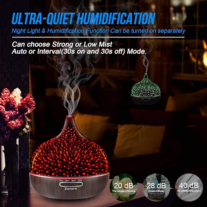 Essential Oil Diffuser 550ml Cool Mist Humidifier 3D Glass Ultrasonic Aromatherapy Humidifier with 7 Color Changing Led Lights, Waterless Auto Shut-Off, Adjustable Timer for Home Bedroom Office - Image 3