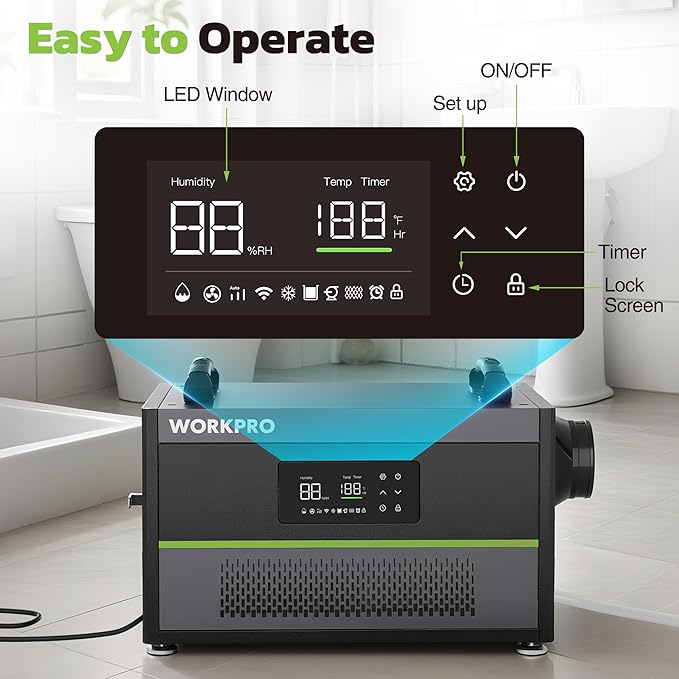 WORKPRO Crawl Space Dehumidifier, 145 Pint Commercial Dehumidifier for Basement, Warehouse and Garage, Covers 6000Sq. Ft, Drain Hose, Automatic Defrost, Memory Starting and Washable Filter - Image 5