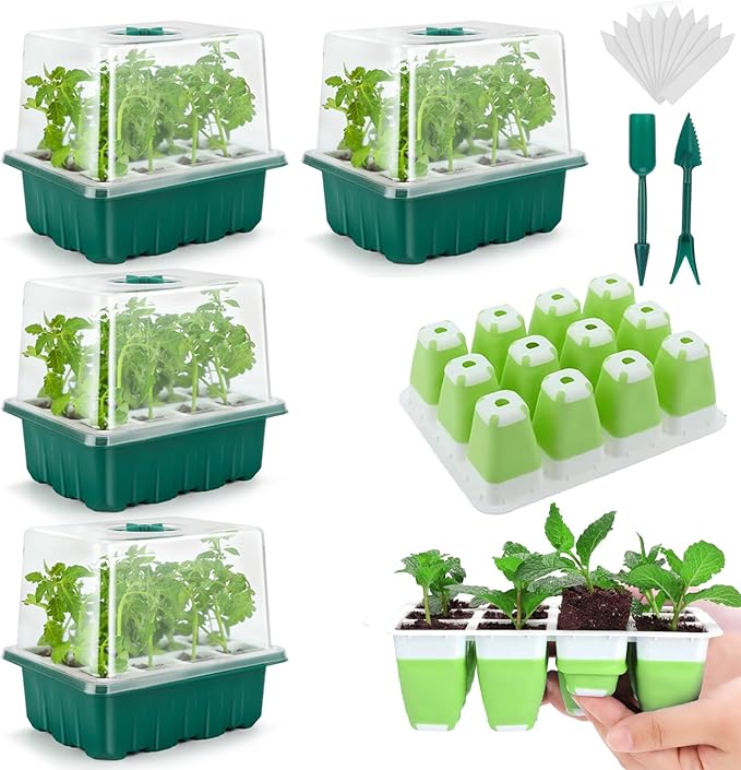 Seed Starter Tray, 48 Cells Indoor Seed Starter Kit, Flexible Silicone Designed Seedling Starter Trays, Germination Tray with Humidity Dome & Lids(4in Height), Reusable & Dishwasher Safe, BPA-FREE by Ryscam