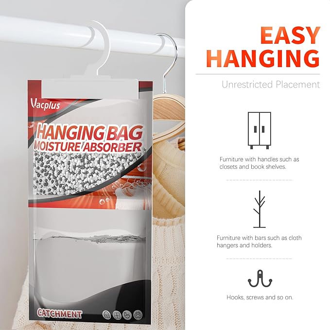 Vacplus Moisture Absorbers, Hanging Closet Dehumidifier Bags, Humidity Packs, Desiccant, Closet Dehumidifiers with Activated Charcoal, 10 Pack, 9.8 OZ - Image 4