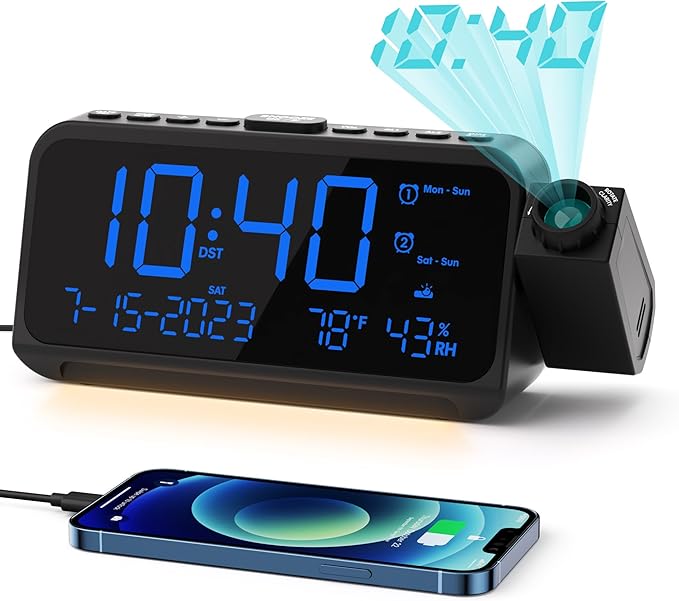 ROCAM Projection Alarm Clock for Bedroom Ceiling, Digital Clock with 180° Projector with 5-Level Dimmer, Dual Loud Alarm with Weekend/Weekday Mode, Date, Temp, Humidity, Night Light, DST, Snooze by ROCAM