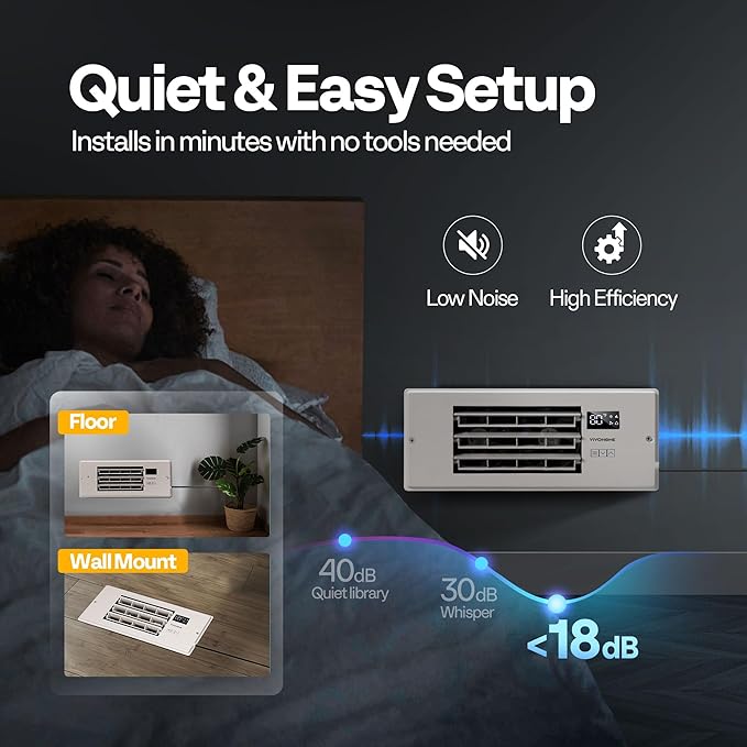 VIVOHOME 4'' x 12'' Opening Register Booster Fan with Adjustable Wind Direction Louver, Smart Intelligent Thermostat & 10-Speed Remote Control - 13.8" x 5.5" Vent Cover for Room, Floor, Wall - White - Image 7