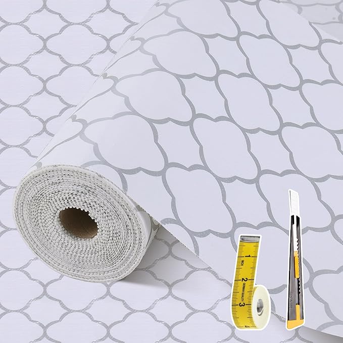 Shelf Liners for Kitchen Cabinets 12in x 30FT Non Adhesive Drawer Liner Silver Quatrefoil Shelf Liner Paper Strong Non-Slip Easy to Clean for Tool Box Refrigerator with Knife and Tape Measure by Adwann