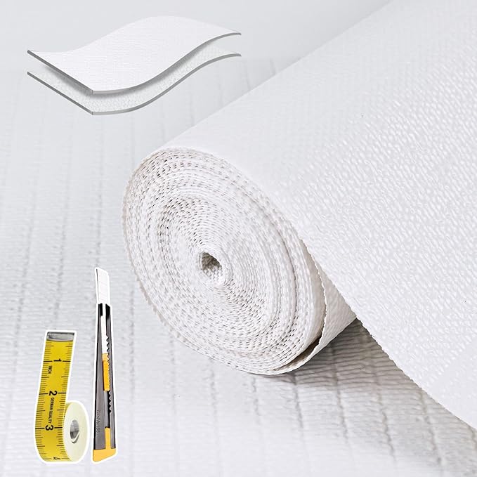 Shelf Liners for Kitchen Cabinets 12in x 10FT, Non Adhesive Drawer Liner Pure White Thickened Shelf Liner Non-Slip Easy to Clean for Tool Box Refrigerator with Knife and Tape Measure by Adwann