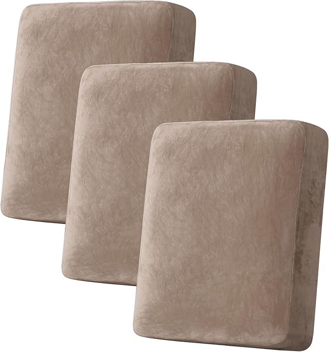 H.VERSAILTEX Velvet Stretch Couch Cushion Cover Plush Cushion Slipcover for Chair Loveseat Sofa Cushion Furniture Protector Seat Cushion Sofa Cover (3 Piece Sofa Cushion Covers, Taupe) by HVERSAILTEX