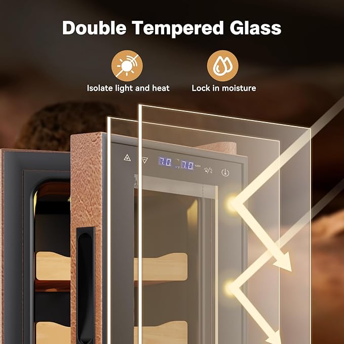 Electric Cooler Cabinet 35L with Temperature and Humidity Control, Leather Finish, Spanish Cedar Wood Shelves and Safety Lock (300 Counts Capacity), Gift for Men - Image 8