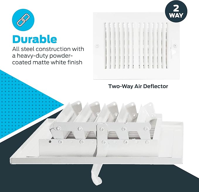 EZ-FLO 8 x 6 Inch (Duct Opening) Air Vent Cover for Wall or Ceiling, Two-Way Ventilation Register, Solid Steel HVAC Register Cover, White, 61661 - Image 5