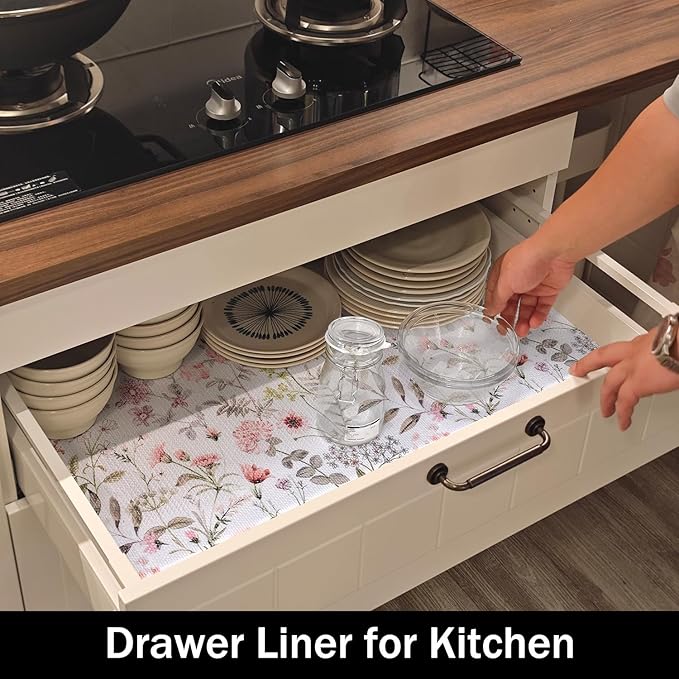 Leaf Floral Shelf Liners Non Adhesive and Strong Non-Slip Shelf and Drawer Liners for Kitchen Cabinet Wire Fridge, Waterproof Shelf Drawer Liner,Easy to Clean,12IN x 10FT - Image 3