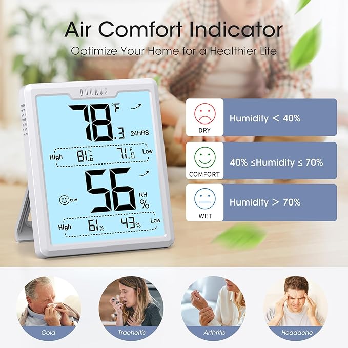 DOQAUS Digital Hygrometer Room Thermometer Indoor, Humidity Meter with Large LCD Display, Backlight Temperature Humidity Monitor with Max Min Records, White - Image 4
