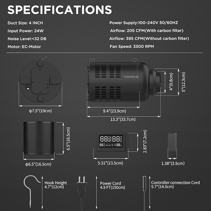 4 Inch Inline Duct Fan with EC Motor and Built-in Carbon Filter, Duct Fan Kit with Temperature Humidity Controller, Grow Tent Kits Ventilation System with Carbon Filter Combo - Image 3