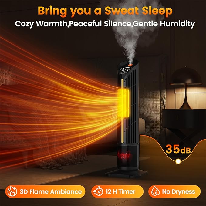 Auertech Space Heater with Humidifier & LED Light, 3 in 1 Portable Electric Heater with 3D Flame, Oscillating Room Heaters with Eco Mode, 28.5" Tower Heaters for Indoor Use Large Room, Office, Bedroom - Image 5
