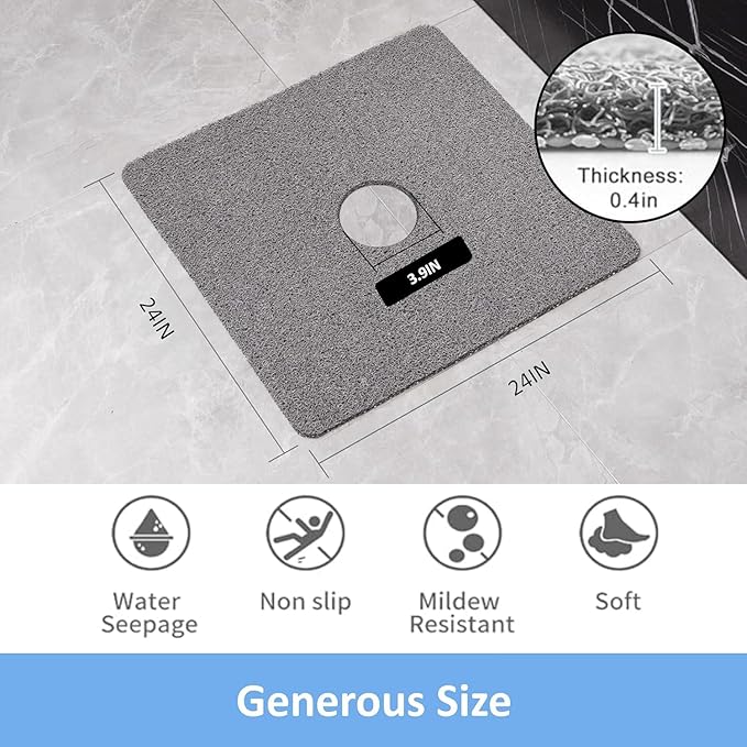 Square Shower Mat, 24''X24'' Super Non Slip Shower Mats for Inside Shower, Soft PVC Loofah Bath Mat Without Suction Cups for Tub, Quick-Dry, Easy Clean Bathroom Floor Accessories, Grey - Image 2