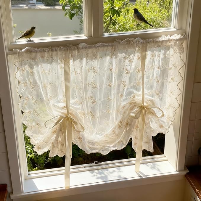 Beige Romantic Little Floral Woven Lace Tie Up Balloon Curtain for Kitchen Liftable Tier Roman Blind Victorian Drapes for Small Window Cafe Balcony Rod Pocket 1 Panel (55Wx79L inch) - Image 3
