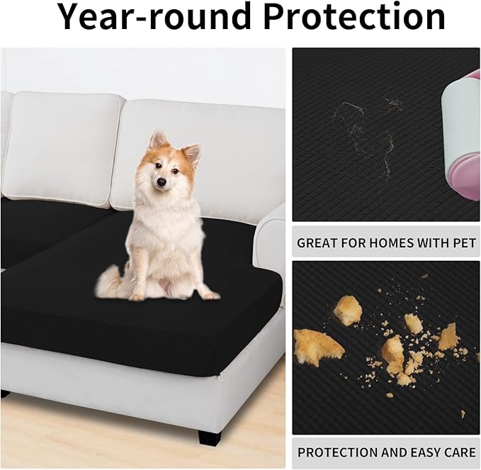 Easy-Going Stretch 4 Pieces Couch Cushion Covers for Sectional Sofa Left/Right L Shape Chaise Lounge Sofa Seat slipcover Anti-Slip Sofa Cover Soft (3 Seater + 1 Chaise, Black) - Image 3