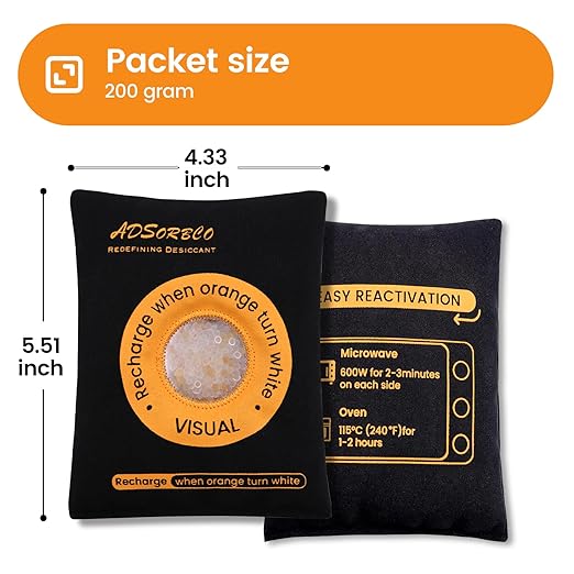 ADSorbco 200 Gram (3 Pack) Rechargeable Desiccant Packs for Storage, Rechargeable Silica Gel Packets, Color Indicating Desiccant Packs for Suitcase, Storage Bins, 3D Filaments, Electronics, Cars, Safe - Image 2