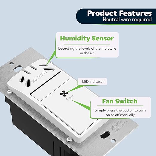 TOPGREENER Humidity Sensor Switch for Ventilation Fan, Air Moisture Detection, Bathroom Fan Automated Control, Neutral Wire Required, UL Listed, TDHS5-N, White - Image 2