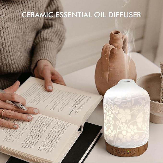 Aromatherapy Essential Oil Diffuser 150ml Ceramic Ultrasonic Aroma Oil Diffuser Humidifier Whisper Quiet Timer Setting 7 LED Colors Changing Lights for Home Office (Cherry Blossom) - Image 5