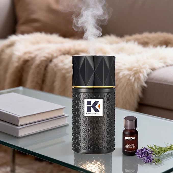 Essential Oil Diffuser, 35 Million Negative Ions Fresh Air, Glass Oil Diffuser with Warm Night Light, Auto Shut-Off, 250ml Ultrasonic Cool Mist Humidifier for Home,Car,Spa,Yoga (Black, Lavender) by ikedafragrance