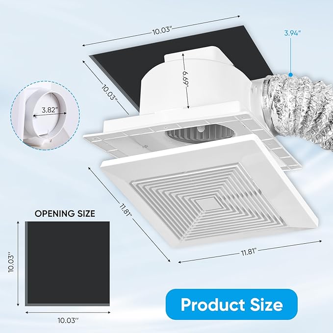 10 Inch Bathroom Exhaust Fan, 160 CFM 1.0 Sones Square Ultra Quiet Bathroom Vent Fan for Ceiling Mount, 110V-220V Bath Vent Extractor for 10.03" Ceiling Opening - Image 3