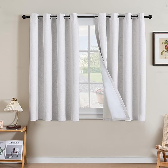 H.VERSAILTEX Linen Curtains 100% Blackout Curtains for Bedroom 45 inch Long Full Light Blocking Nature Linen Blended Window Curtains for Living Room Nickel Grommet (2 Panels, Heathered White) by HVERSAILTEX
