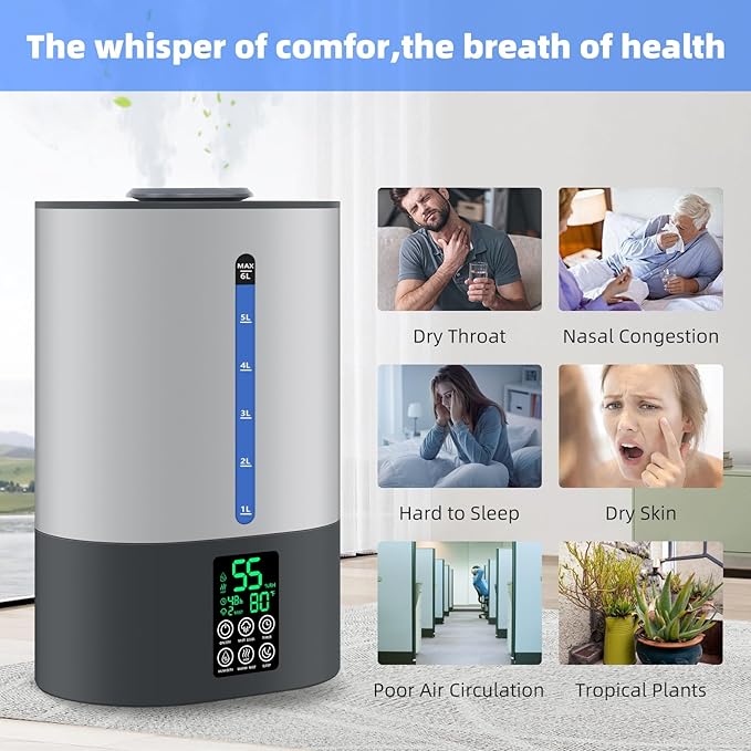 6L Humidifiers for Bedroom Large Room Home, Cool and Warm Humidifiers for Baby and Plants Mist Top Fill Desk Humidifiers Essential Oil Diffuser, Quiet with Adjustable Mist,360°Nozzle-Grey - Image 5