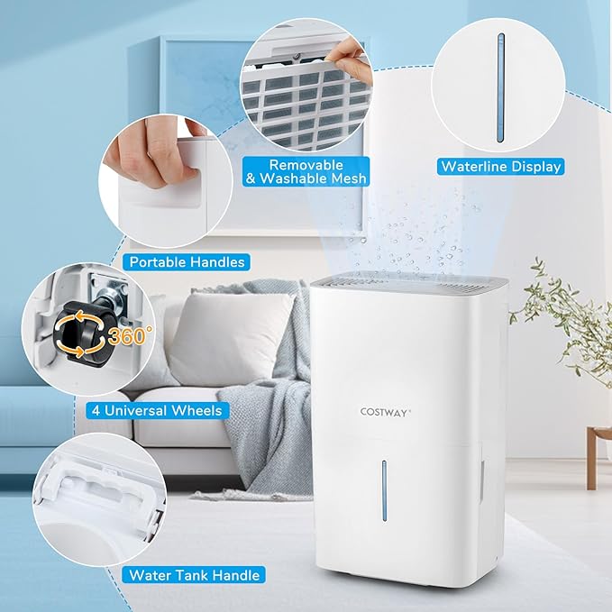 COSTWAY 150 Pints Dehumidifier with Pump, 7000 Sq.Ft Portable Home Dehumidifier for Basements with 2 Modes & 3 Fan Speeds, 2.4 Gallon Tank,16.4 FT Pump Drain Hose - Image 6