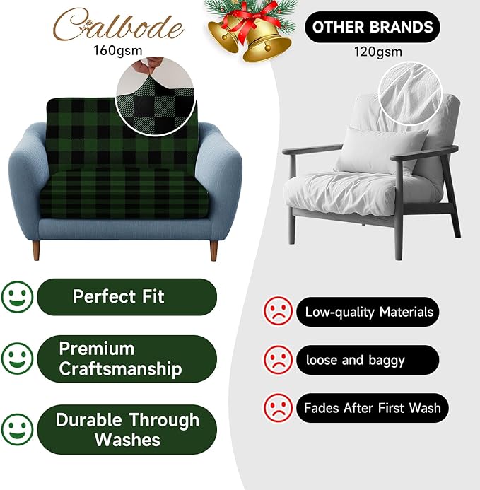 8Pcs High Elastic Sofa Seat Cushion Cover for Christmas, Reusable Print Green Checked Stretch Couch Cushion Slipcover for Outdoor Furniture Protector Replacement,Soft & Comfortable for Winter - Image 6